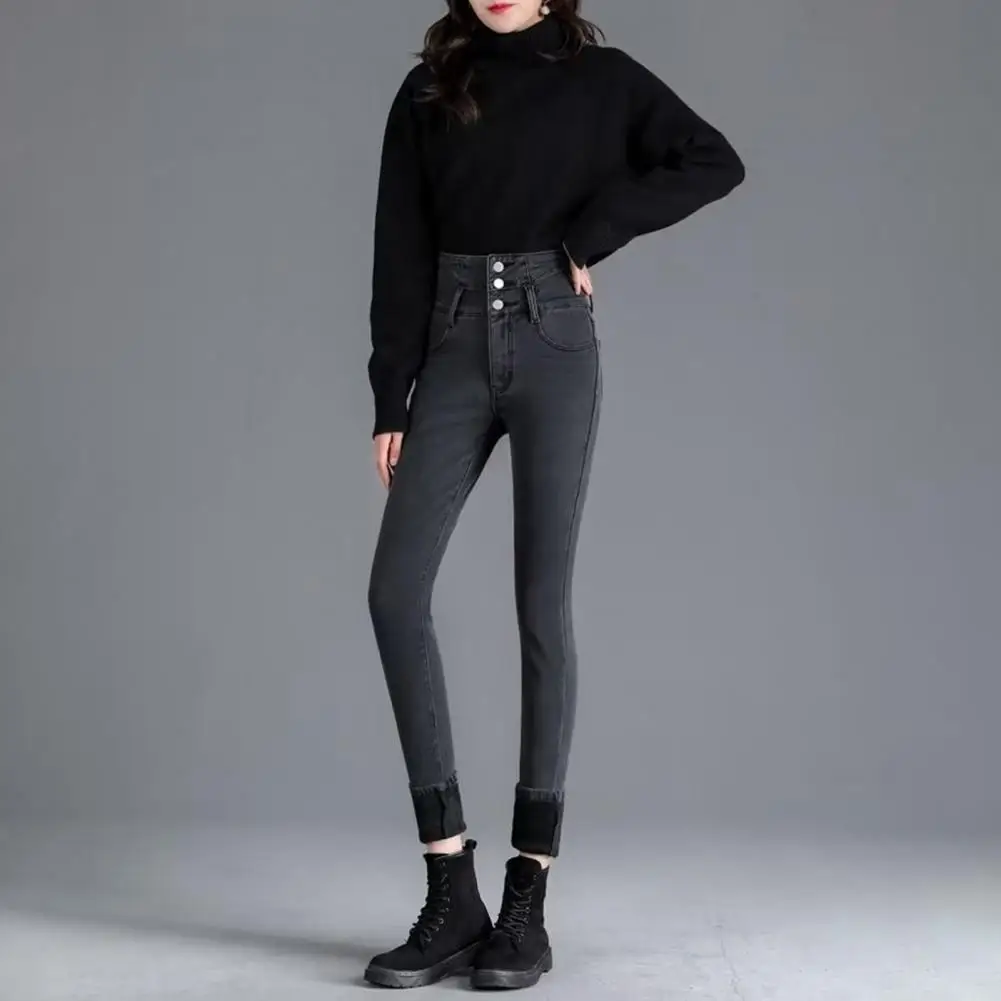 

Women Cotton Denim Jeans Women Tight-fitting Denim Jeans Cozy Winter Jeans for Women High Waist Faux Fur Lining Slim Fit Button