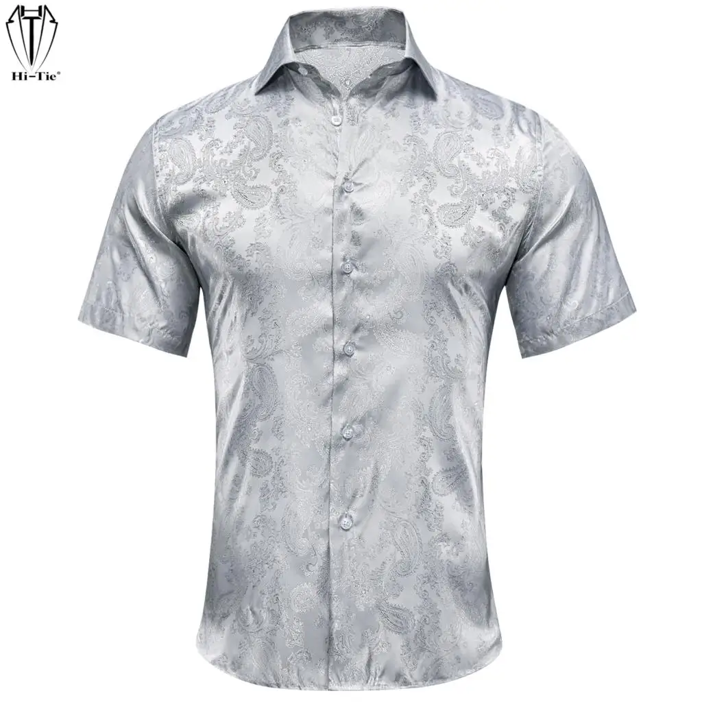 Hi-Tie Short Sleeves Silver Mens Shirts Jacquard Silk Paisley Spring Summer Elegant Hawaiian Shirt For Male Wedding Business XXL