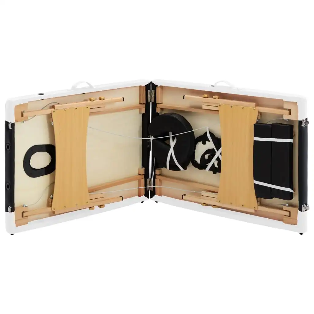 Mesa de masaje portátil de madera, mesa de masaje plegable ergonómica, cama facial profesional, 2 zonas, blanco y negro
