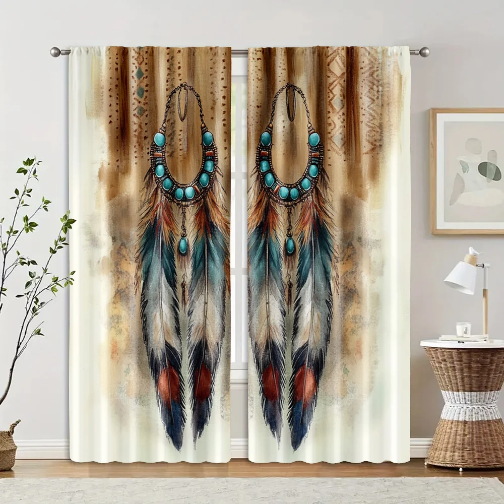 2pcs, Curtain Popular 2D print Feather Art Polyester Easy Install (without rod) Outdoor Decorations Use for Bedroom, Living 2