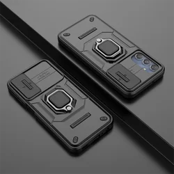 Slide Camera Protector Armor Phone Case with Magnetic Ring Stand for Enhanced Protection and Convenience (Cool Black)