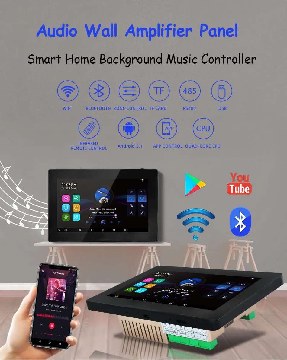 Smart Home 7'' WIFI In Wall Amplifier Bluetooth Touch Screen Audio