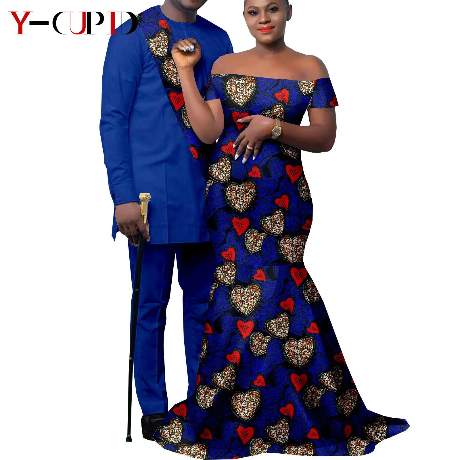 African Clothes for Couples Bazin African Print Long Dresses for