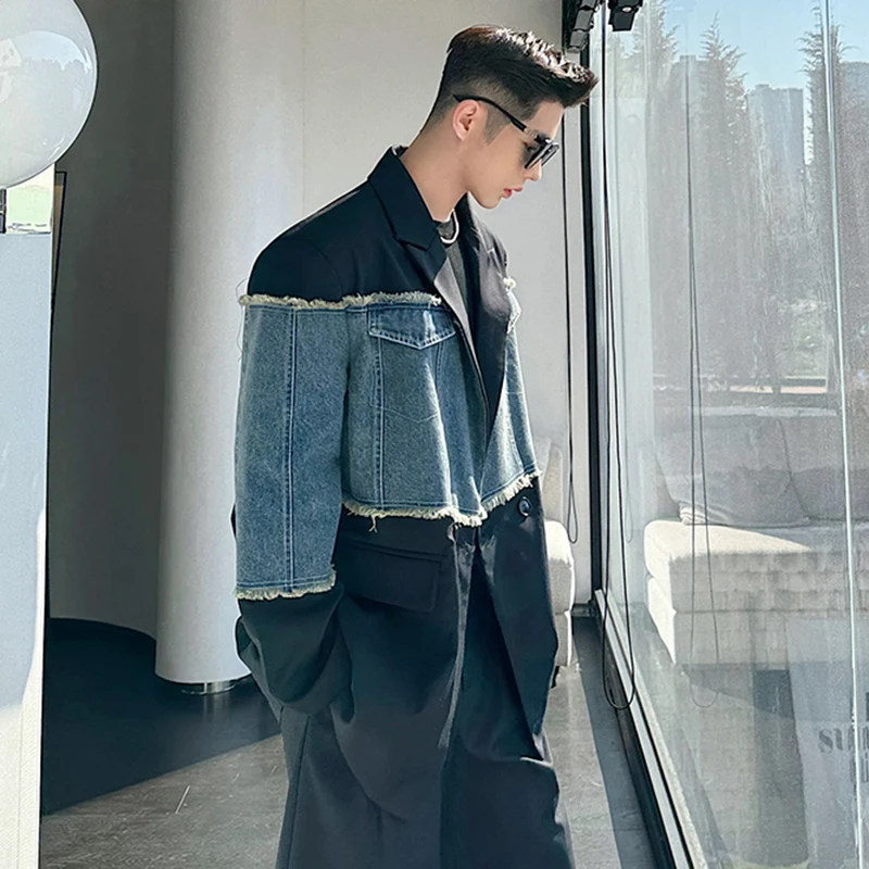 IEFB Patchwork Men's Suit Jacket Spring Deconstructed Washed Denim Spliced Male Lapel Blazer Contrast Color Top 9C5170