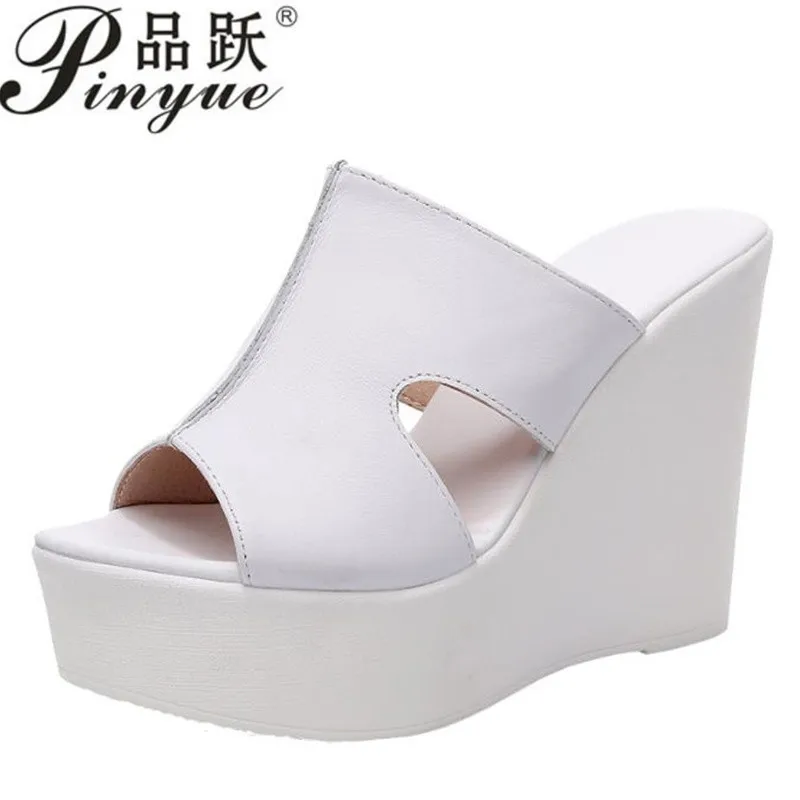 

Size 33-43 Fashion Genuine Leather Shoes Women's Wedges Slippers Summer High Heels Platform Slides Office Model sandal