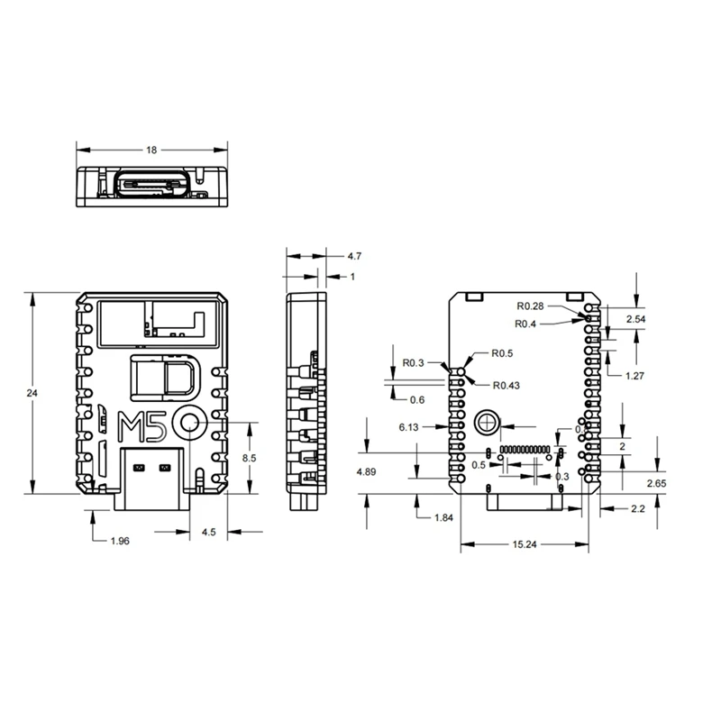 고집적 임베디드 메인 컨트롤 코어 모듈, ESP32-S3FN8 칩, 8MSPI 플래시 메모리, 240Mhz, M5stamps3 PIN2.54