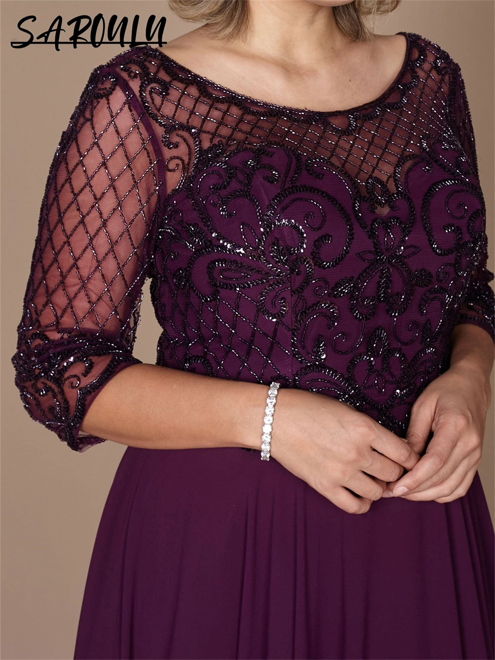 Long Sleeve Hand Beaded Mother Of The Bride Dress Lace Appliques Pleated Skirt Wedding Guest Dress Plus Size Party Gift For Mom