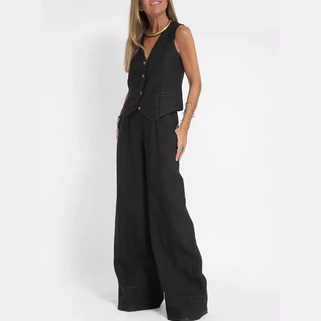 Pantaloni Lavoro Donna Abiti Lavoro Donna Completo Donna 2 Pezzi - Gilet Lino E Pantaloni Gamba Larga Estate Gilet Pantaloni Estate Completo Giacca E Pantalone Donna