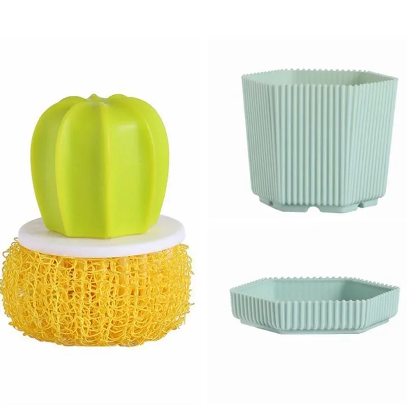 Household Kitchen Cleaning Brush Cactus Dishwashing Brush Pot Wash Pot Brush with Handle Nano Cleaning Ball