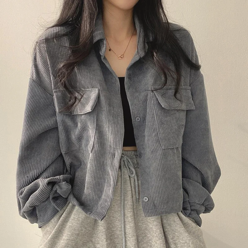 여성용 코듀로이 재킷, 빈티지 한국 스타일, 단색 코트, 싱글 브레스트, 단추 업, 긴 소매, 루즈 스트리트웨어, 가을