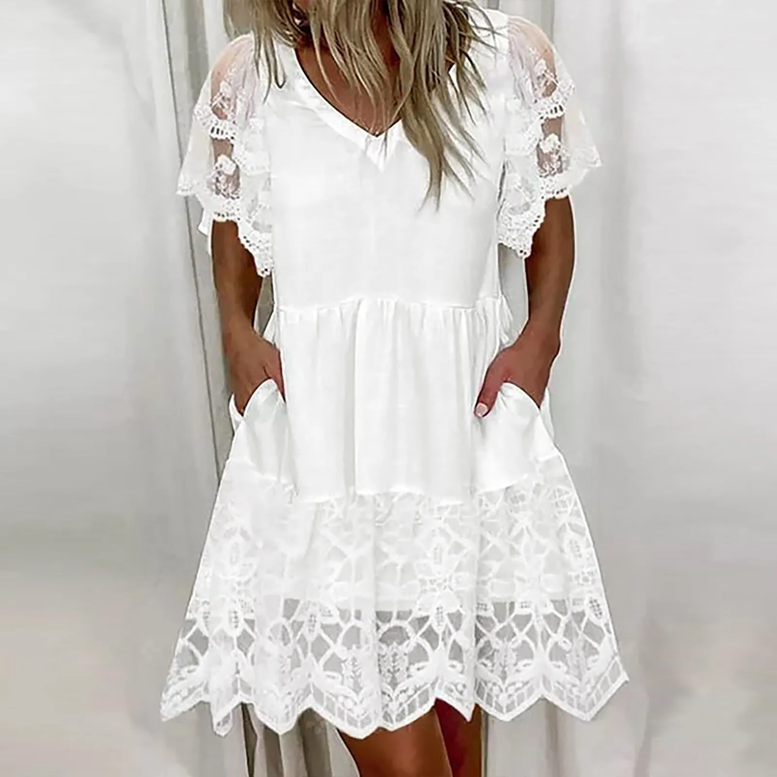 

Women Elegant Loose Casual Solid Color Dress Short Sleeve V Neck Lace Spliice Dress Ruffle Loose Dresses with Flare Sleeves