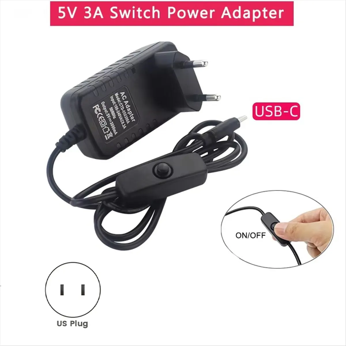 온/오프 스위치가 있는 5V 3A 전원 공급 장치 Zero 3 / 3B US 플러그용 충전기 USB Type-C 전원 어댑터