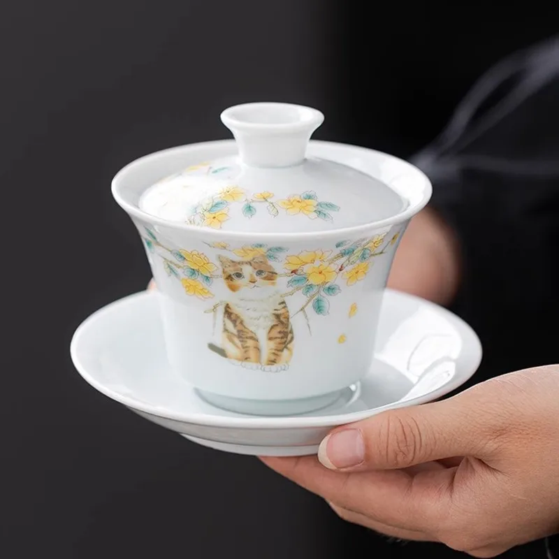 Shadow Celadon Covered Bowl, Tea Cup, White Porcelain Suspended Tea Bowl with Lid, Sancai Ceramic Kung Fu Household Set