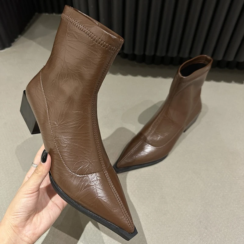 Shoes for Women 2023 New High Quality Silver Women's Boots Sexy Pointed Toe Mid Heel Ankle Boots Stylish Office Female Shoes