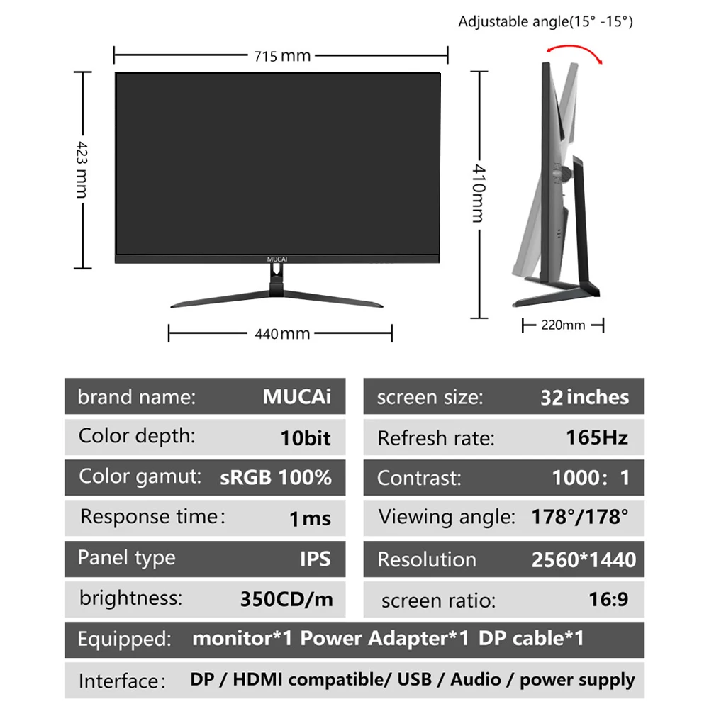MUCAI 32 ġ , 165Hz ӿ 2K ǻ ȭ, 144Hz QHD 1440P Ʈ ÷, DP HDMI ȣȯ  Por 2560*1440