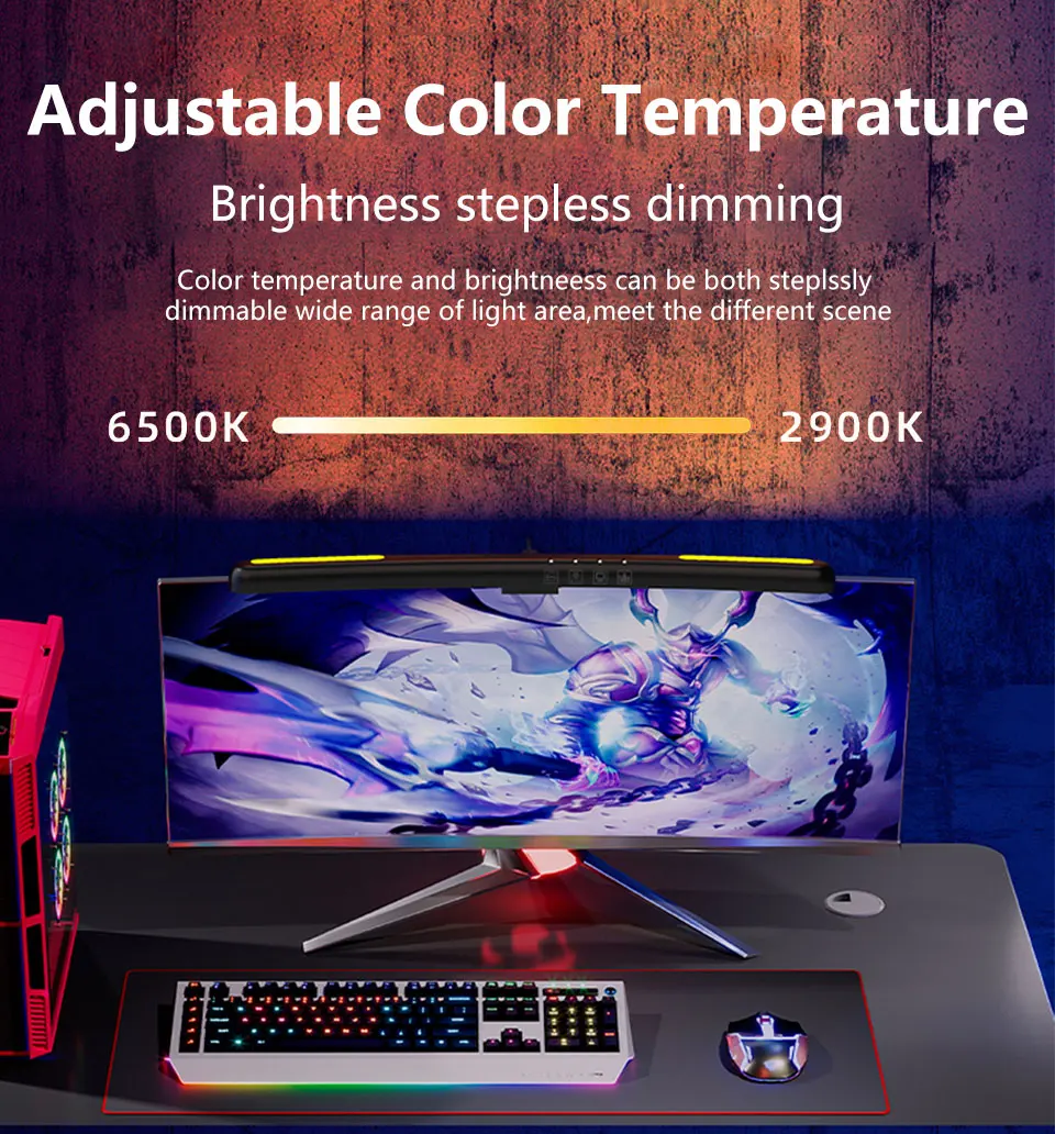 LED monitor light bar mounted on curved screen monitor