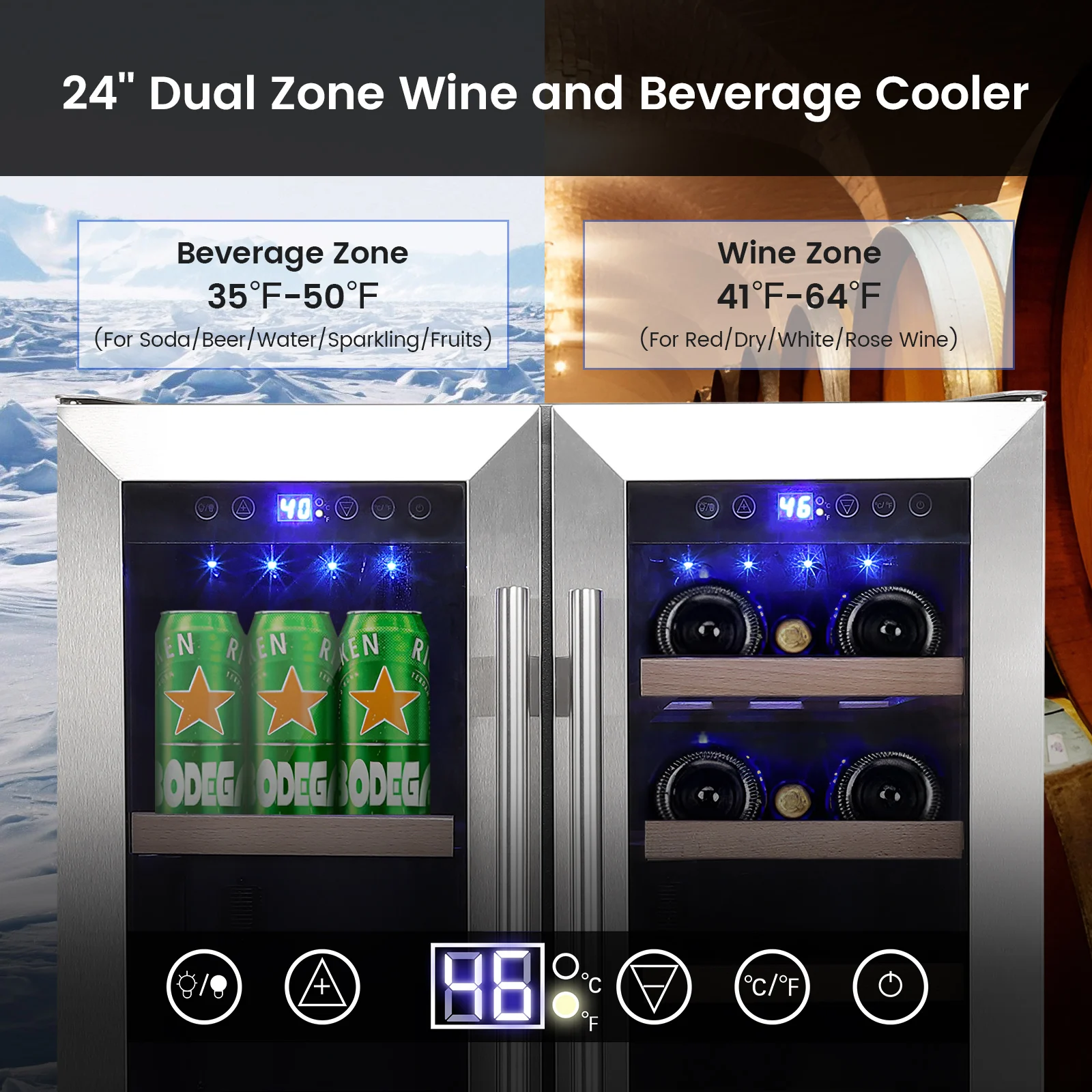 Wine and Beverage Refrigerator 24 Inch Dual Zone Wine Cooler with 40 Bottles Capacity, 120L Built-in and Freestanding