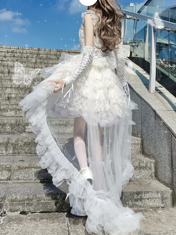 SOLD ONLY Long Trailing Mesh Cover Up Lolita Back Trailing Short Front and Long Back