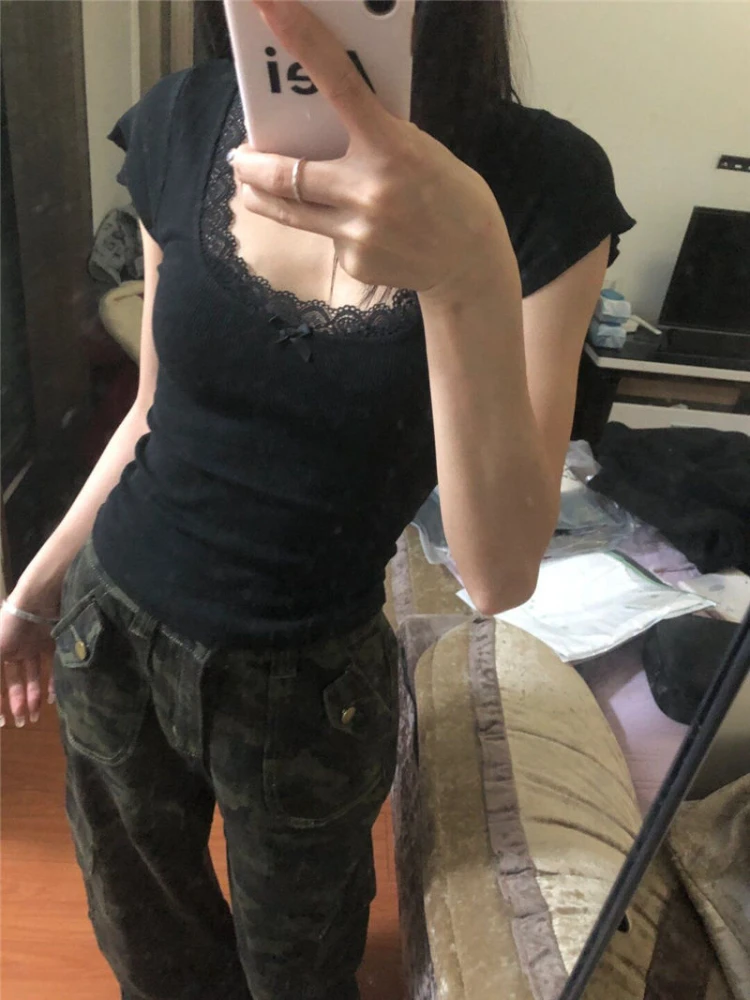 2026 Y2k Lace Patchwork Crop Top Aesthetic Streetwear Harajuku Women Vintage U Neck T-shirt Bow Bottoming Grunge Black Basic Tee 2