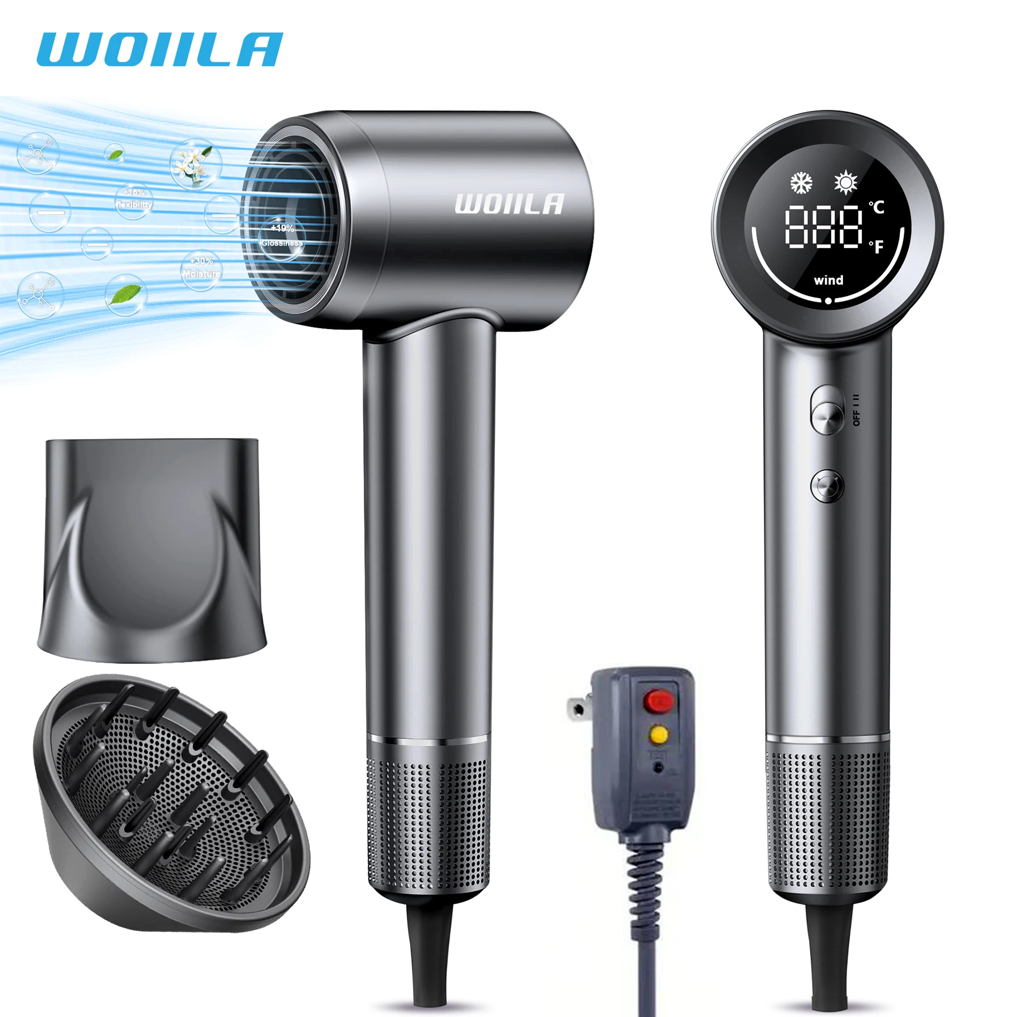 Hair Dryer-Negative Ionic Blow Dryer with 150000 RPM High Speed Brushless Motor for Fast Drying, Low Noise, HD Display Hair Dr