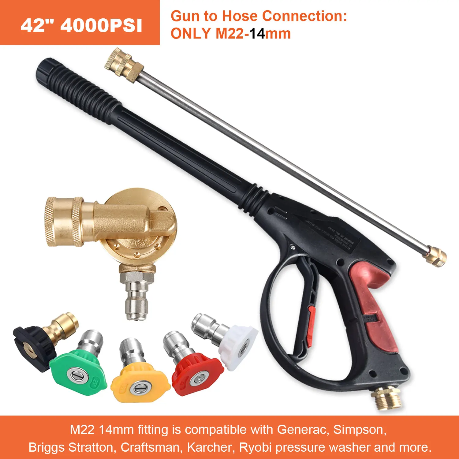 Hogedrukreiniger kort pistool, Power Washer Gun Kit, 5 sproeikoppen en