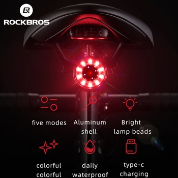 ROCKBROS-경고 자전거 미등, 타입-C 충전 방수 후방 조명 더블 브래킷 7 색 사이클링 라이트 램프 자전거 액세서리