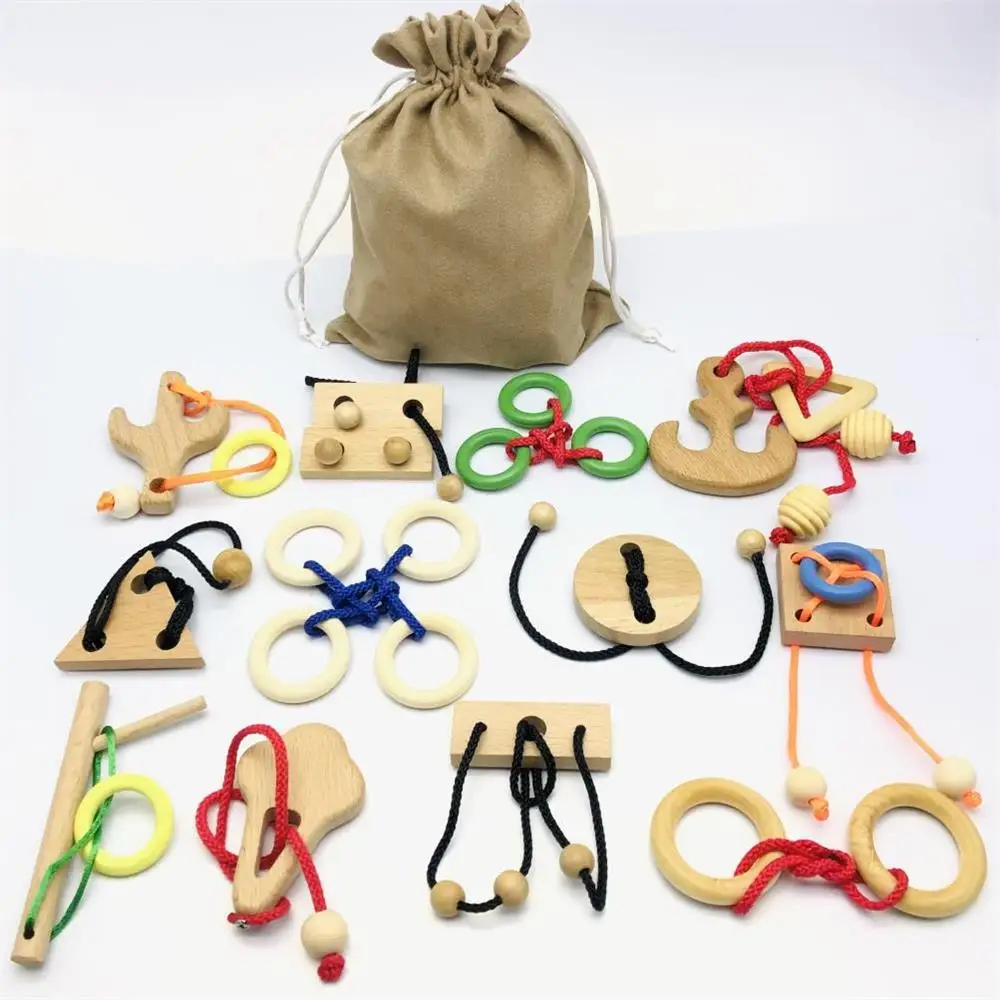 Set of 6/12PCS Magic Brain Teasers Puzzle IQ Logic Wooden Rope Loop Rings Puzzles Game Toys Gift for Adults Kids