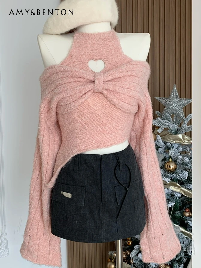 

Hot Girl Sexy Off-the-Shoulder Heart Cut Out Short Sweater Two-Piece Set Winter New Preppy Style Sweet Long Sleeve Slim Pullover