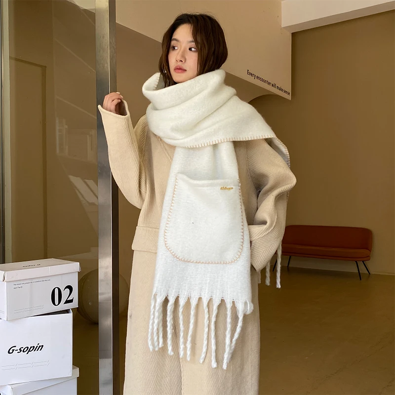 Luxury Cashmere Solid Colors Women Pocket Scarf Winter Shawl and Wrap Bandana Pashmina Tassel Female Foulard Thick Blanket 2024 3