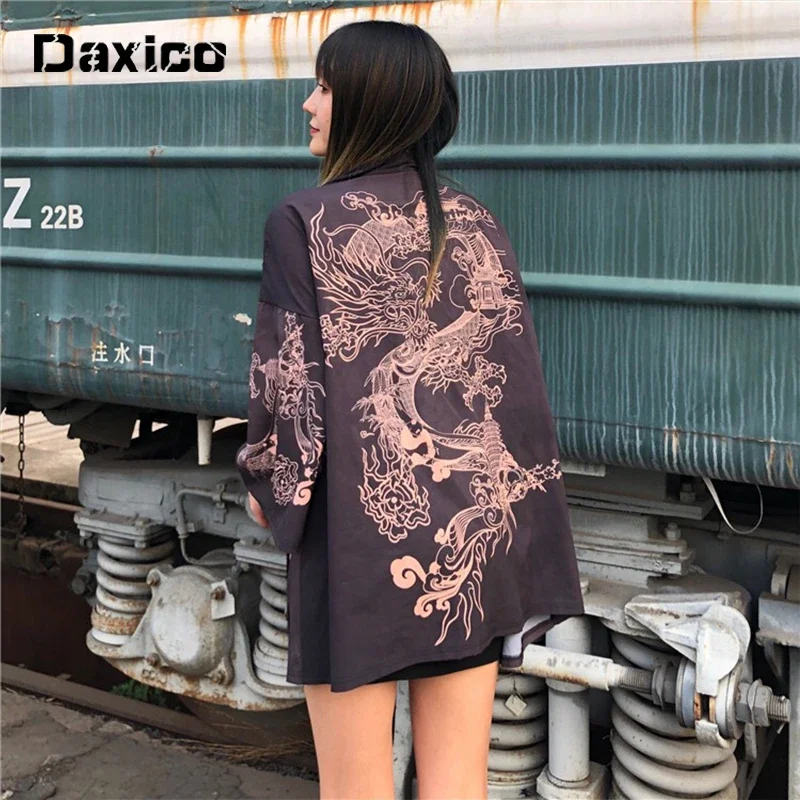 Dragon Japanese Kimono Cardigan Kimono Haori for Woman Man Loose Thin Black Outer Garment Women Casual Yukata Streetwear