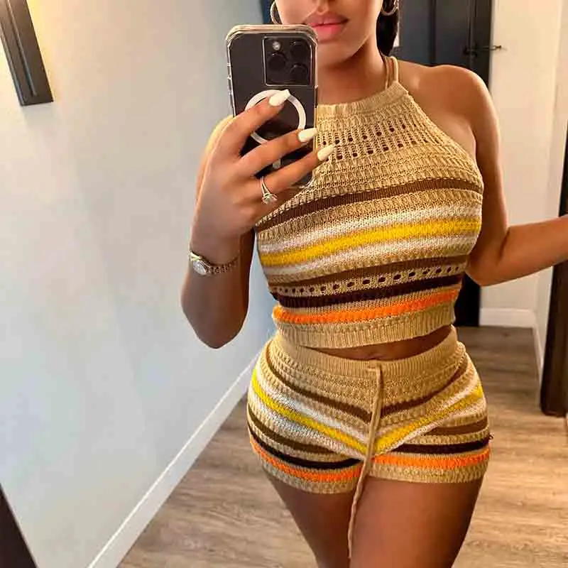 Women Sexy Short Sets Summer Women's New Sweater Fashion Open Back Hanging Neck Top & Wrapped Hip Tight Short Set Beach Style