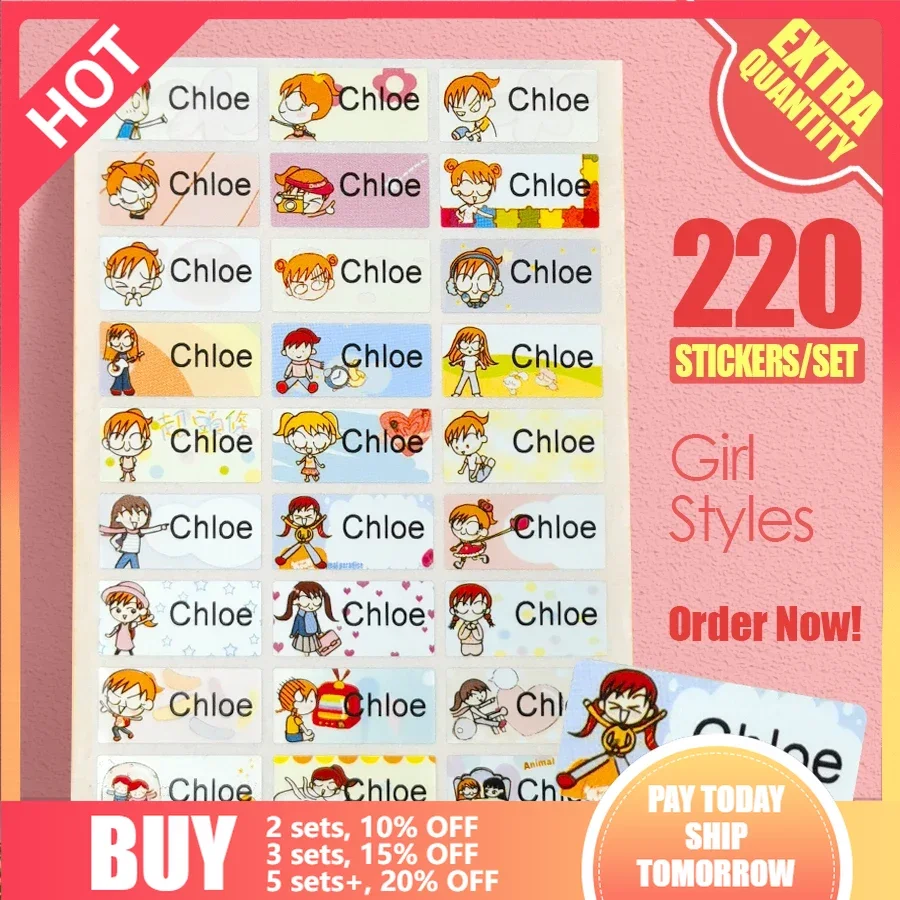 220pcs Custom Name Sticker Waterproof Stationery Decals Personalized First Name Adhesive Label Children Girl Bottle Tag for Kids