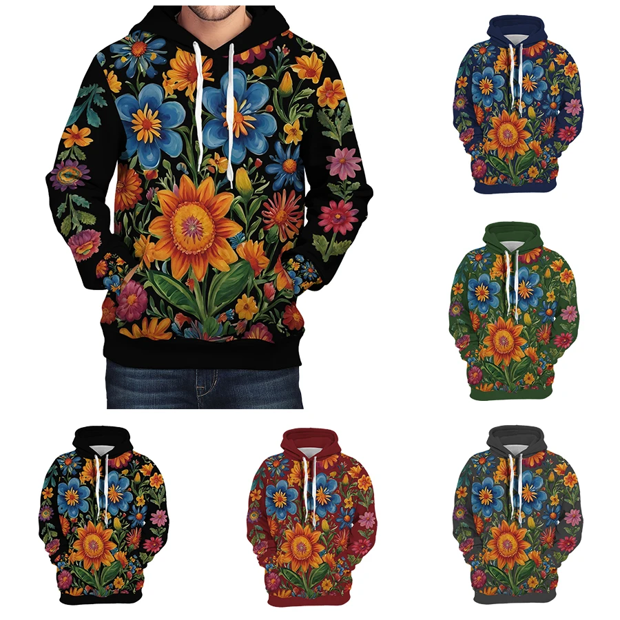 

Hippie Boho Style Mexican Floral Men's Hoodie Vintage Flower Pullover Hood Hispanic Tradition Unisex Long Sleeve Shirt Women Top