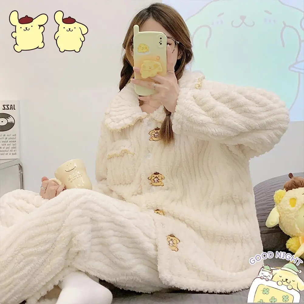 

Мультяшный Pompompurin женский плюшевый пижамный комплект Sanrioed аниме Kawaii коралловый флис Домашняя одежда милая утолщенная ночная рубашка для девочек Топы Брюки