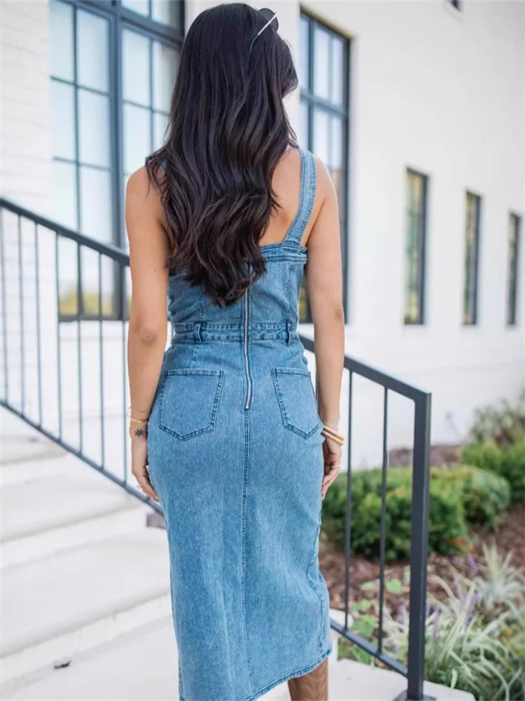 Wmstar Denim Dresses Women Clothes Sexy Sleeveless Casual Slip Hem Maxi Dress New in Wholesale Dropshipping Summer Colthes