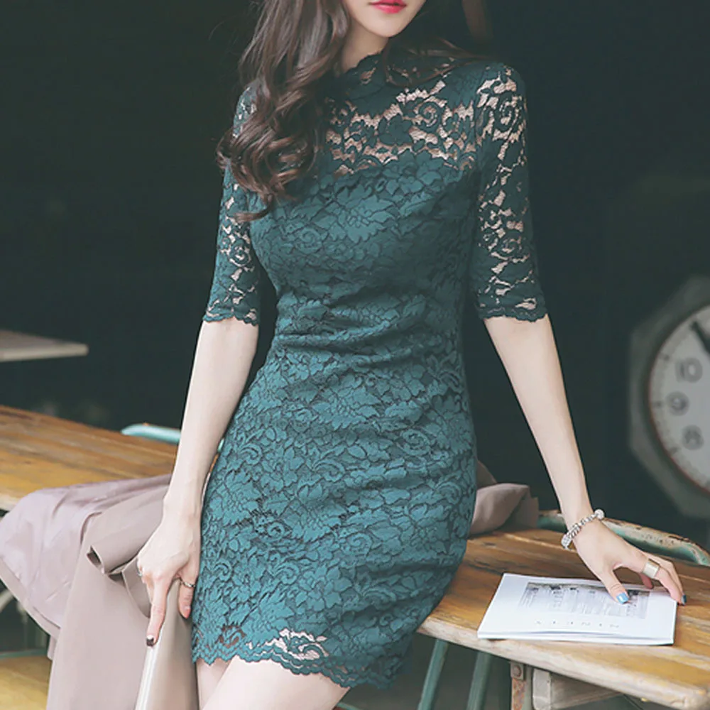 

Summer Lace Dress Women Waist Hook Flower Hollow Ladies Short Sleeve Dark Green Bag Hip Office Lady Elegant Business Mini Dress