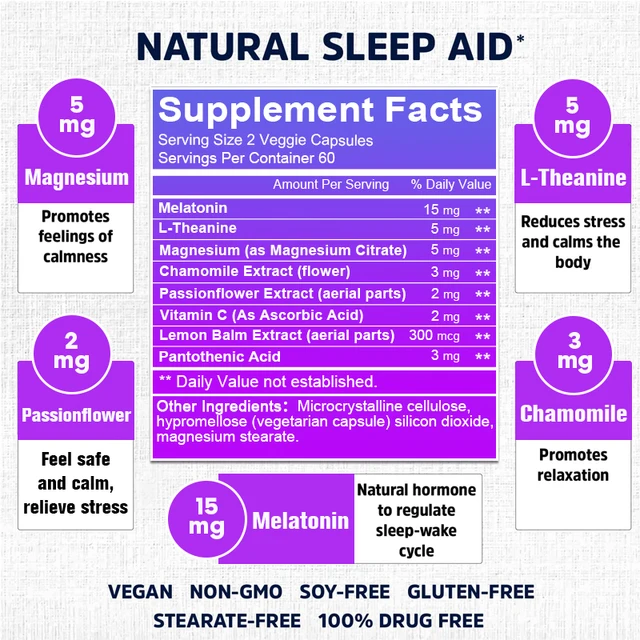 Extra Strength Melatonin - Sleep supplement with herbal ingredients to help relieve stress and improve sleep quality.