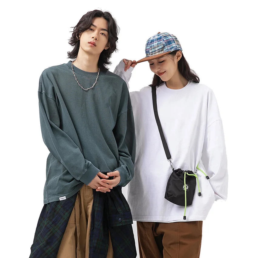 

Women Men Streetwear Fashion Hip Hop Loose Casual Long Sleeve Unisex T-Shirts Couple Oversize Tshirts 320 Washed Cotton T Shirts