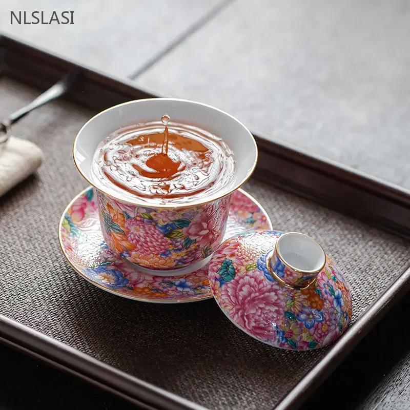 150ml Enamel Color Tea Set Jingdezhen Ceramic Gaiwan Chinese Tea Cup Cover Home Infuser Teaware Gifts