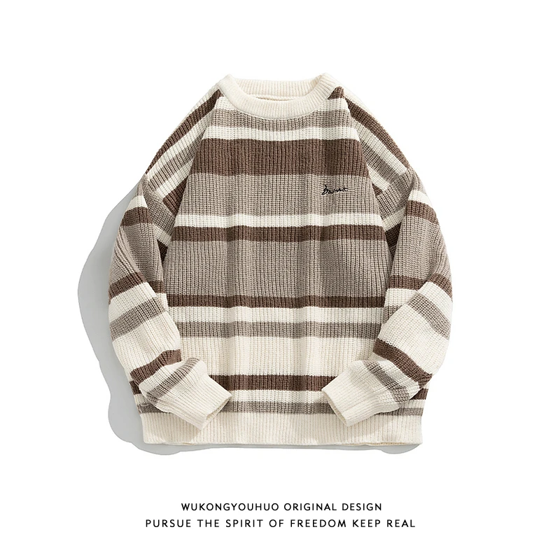 

Japanese Retro Color-Blocked Striped Couple Knitted Sweaters for Men/Women Trendy Brand Lazy Style Loose Versatile Pullover Tops