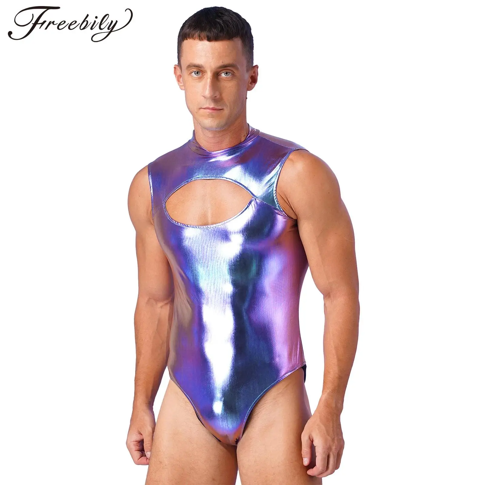 Mens Metallic Bodysuit Front Cutout Mock Neck Sleeveless Zipper Leotard Jumpsuit for Man Bar Clubbing Pool Party Clubwear