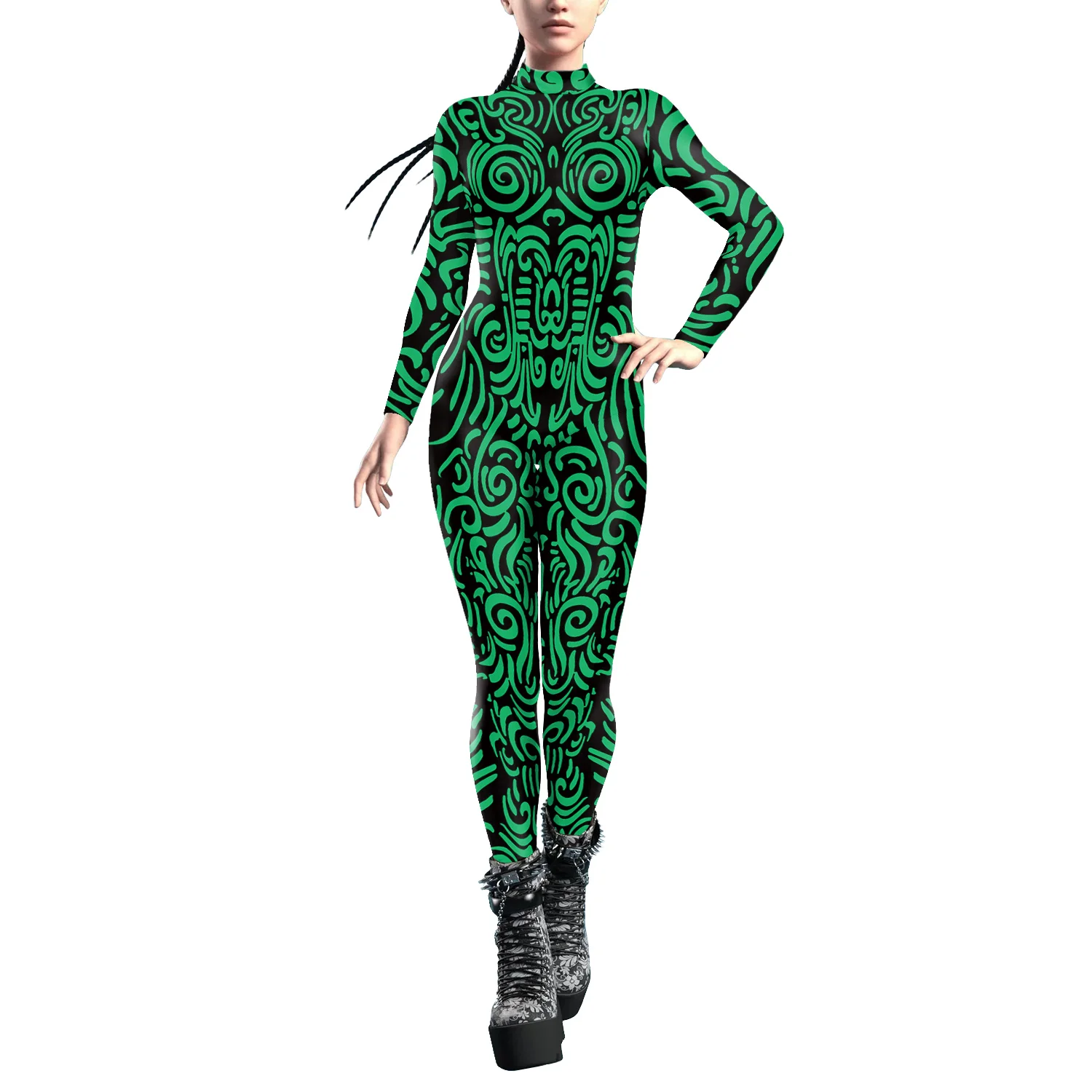 

Zawaland Bodysuit Long Sleeve 3D Curve Printing Women Fashion Jumpsuit Holiday Cool Punk Party Cosplay Costumes Performance