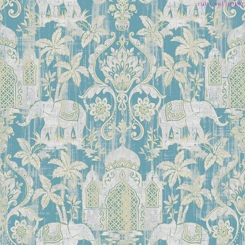 Temple Taj Mahal Elephant Palm Trees Tropical Wallpaper Metallic Shimmer Southeast Asia Thai Style Background Wall Paper sugarcult palm trees