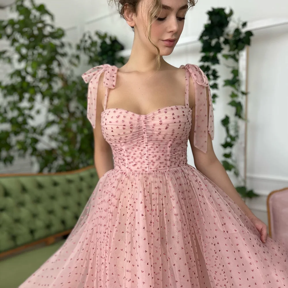 

Pink Sweetheart Prom Dresses Sexy Spaghetti Straps Backless A-Line Gowns Lovely Dots Sweep Train Party Dress Vestidos