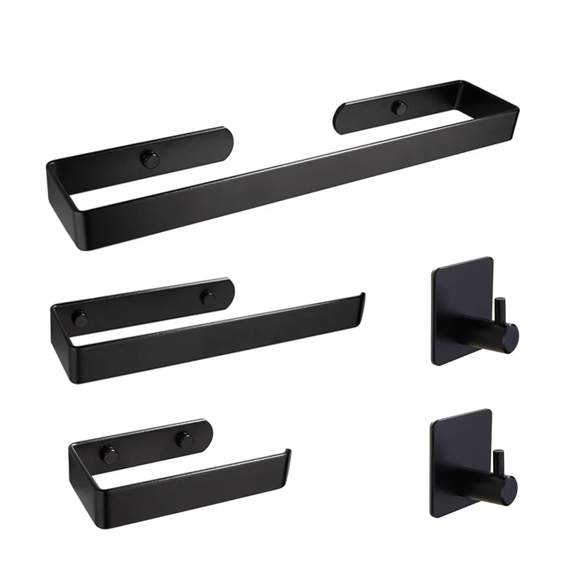 

No Drilling Black Bathroom Accessories Sets Toilet Tissue Roll Paper Holder Towel Rack Bar Rail Ring Robe Clothes Hook Hardware