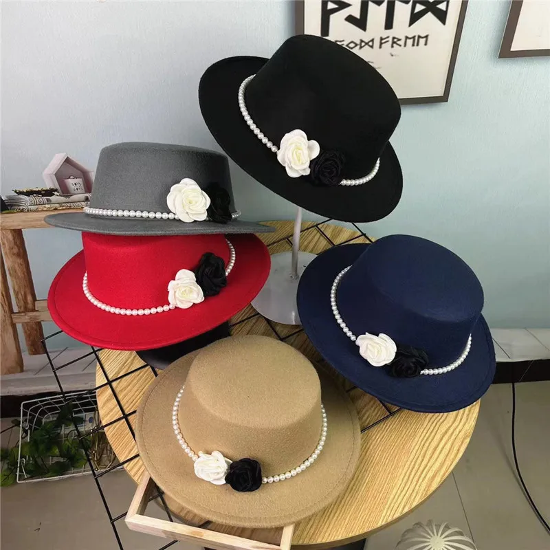 Fashion Solid Color Classic Black Elastic Fedora Hat Ladies Wool Felt Jazz Hats Elegant Girls Women Wide Brim Panama Trilby Cap