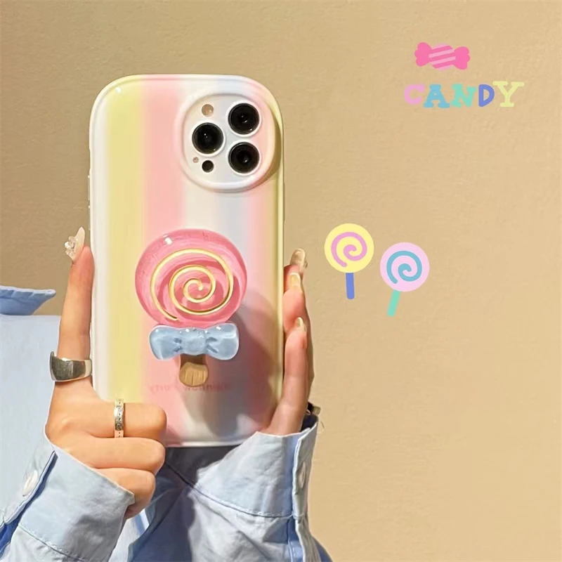 Sweet Cute Rainbow Vertical Stripes Lollipop Holder Air Cushion Full Edge Anti-drop Shell For iphone 11 12 13 Pro Max Phone Case leather iphone 12 mini case