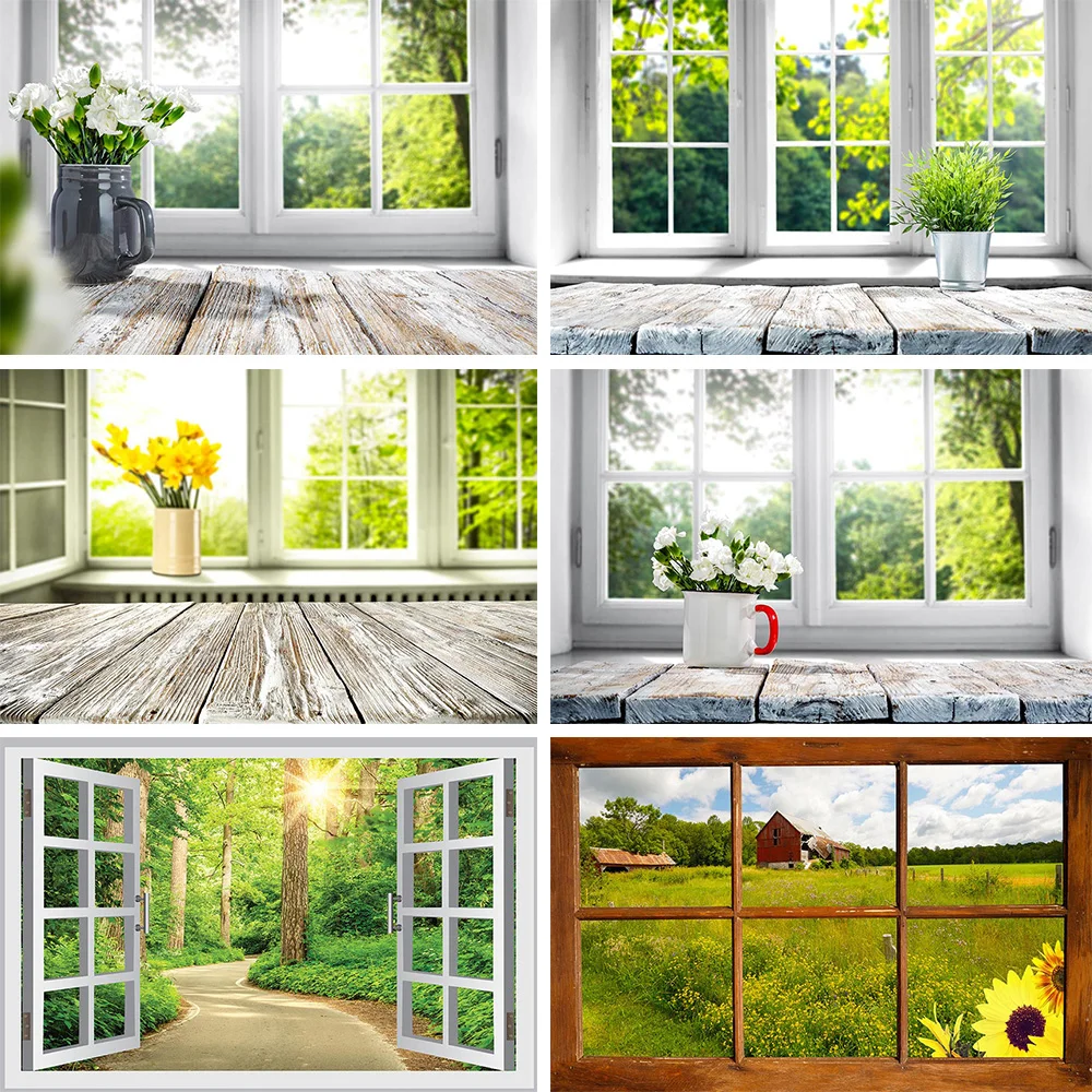 

Spring Summer Window Sunshine Natural Sunflower Scenic Vase Wooden Board Backdrop Photography Backdrops Printed Photo Studio