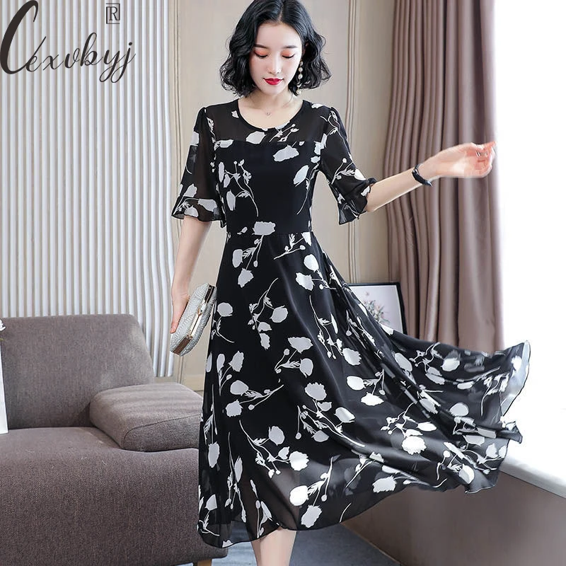 

Chiffon Bodycon Dresses For Women Print Temperament Slim Waist Lace Up Floral Midi Dress Korean O-Neck Plus Size Vestidos 4XL