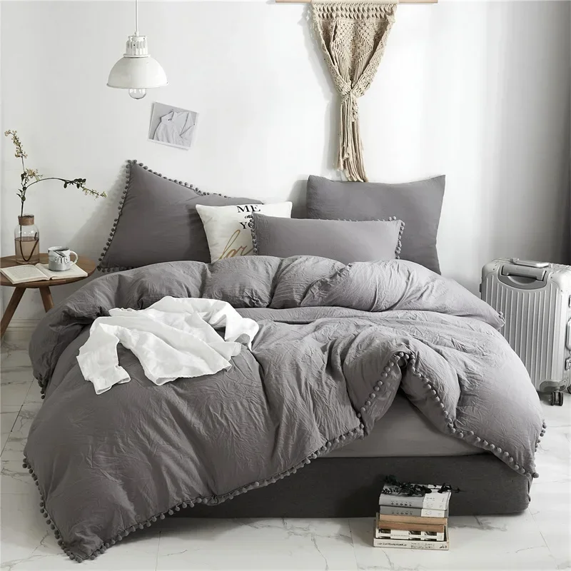 

Solid color wash ball quilt cover tassel Duvet cover set deluxe extra large bedding set double bed full set quilt cover